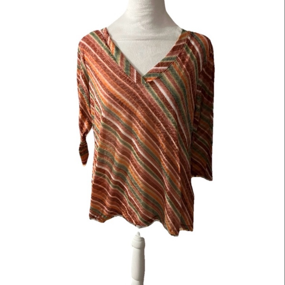 Ruby Rd Red Orange Striped 3/4 Sleeve Blouse Green Top Light Women SZ Petite M